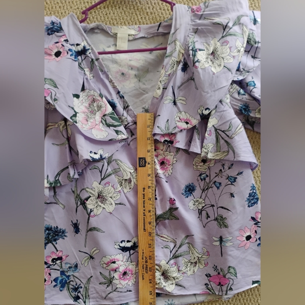 H&M Purple Lilac Pink Floral Bird Botanical Ruffle Balloon Sleeve Top SIZE 14 XL - Picture 11 of 13